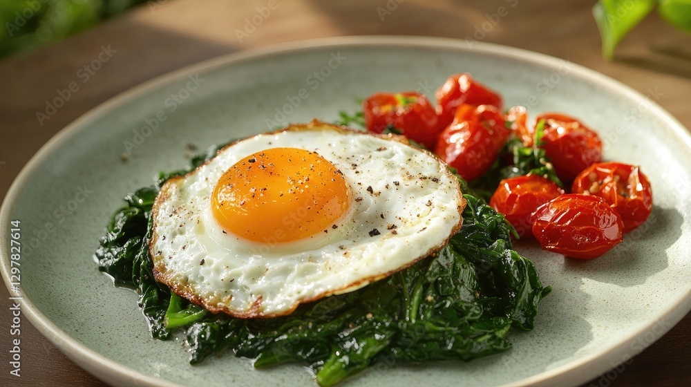 A fried egg plated alongside sauted spinach and roasted tomatoes, emphasizing a healthy and balanced meal, presented on a modern dining table setting. A fried egg plated alongside sauted spinach and roasted tomatoes, emphasizing a healthy and balanced meal, presented on a modern dining table setting.