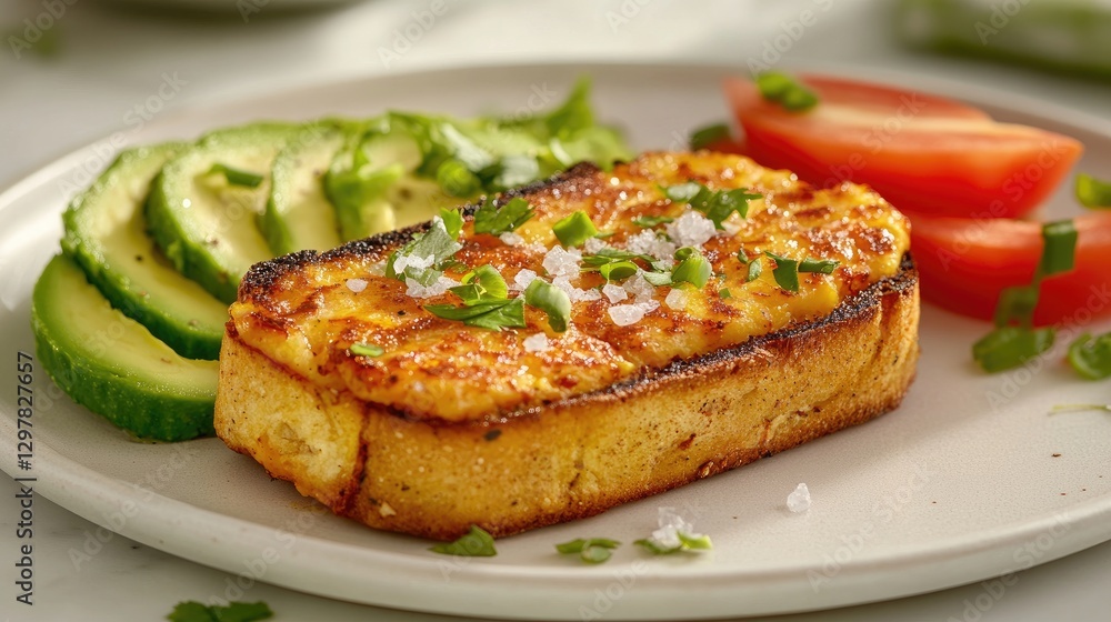 A golden-brown slice of toast topped with creamy avocado and a sprinkle of sea salt, placed on a white plate with a side of fresh vegetables. A golden-brown slice of toast topped with creamy avocado and a sprinkle of sea salt, placed on a white plate with a side of fresh vegetables.