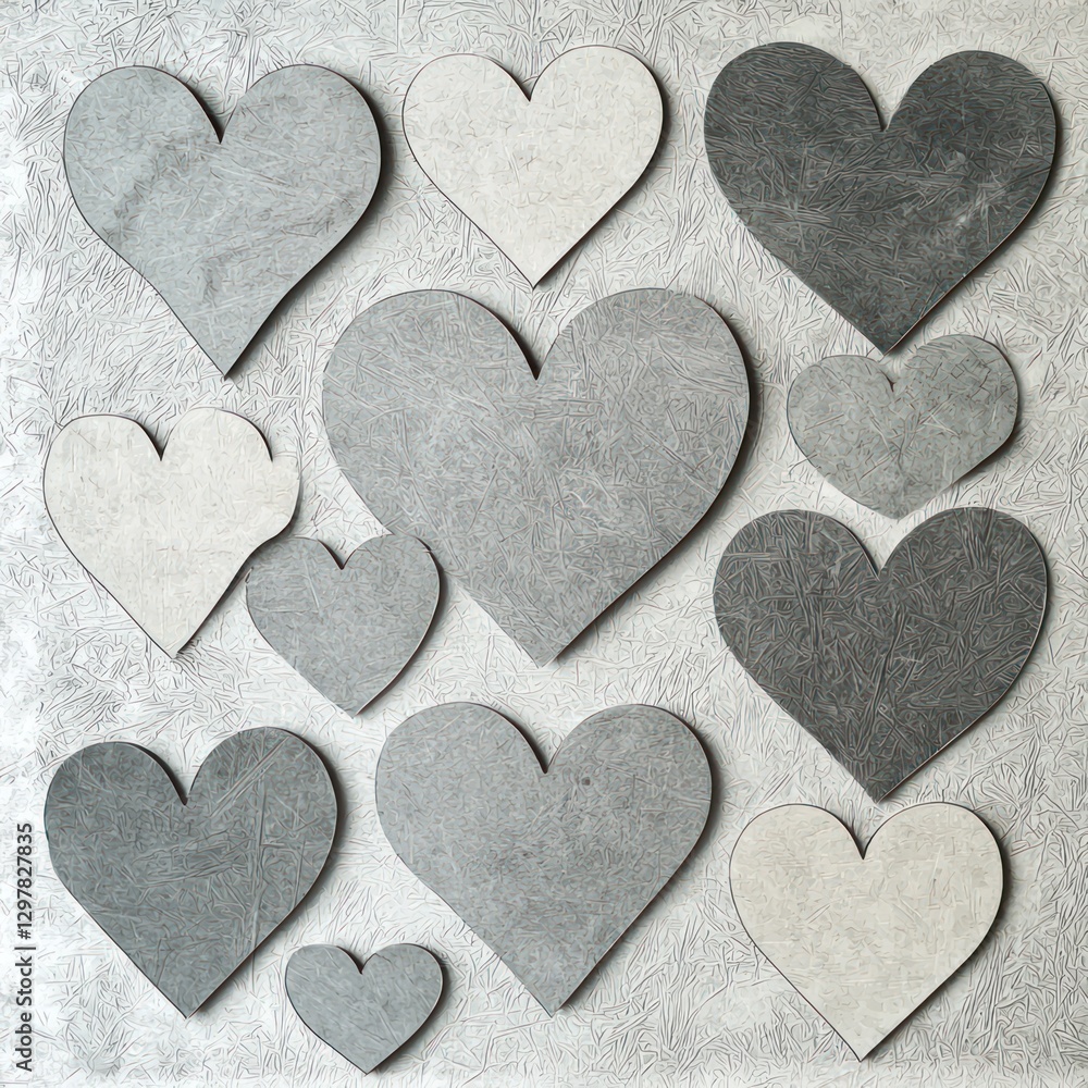 A collection of textured gray and white hearts arranged on an abstract background, creating a minimalist and modern romantic design. A collection of textured gray and white hearts arranged on an abstract background, creating a minimalist and modern romantic design.