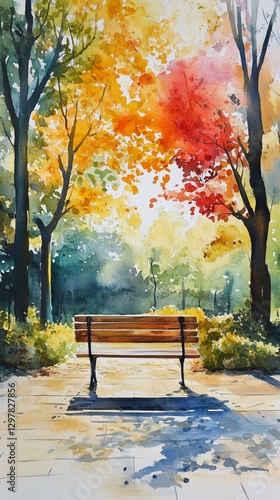 Colorful Autumn Sunset in a Peaceful Park With a Bench and Lamp Post