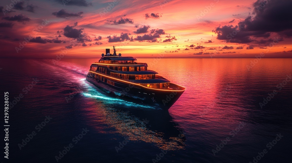 Fototapeta premium A luxurious cruise ship gliding across the open sea at sunset, with vibrant orange and pink colors reflecting off the water and the ship's lights glowing softly.