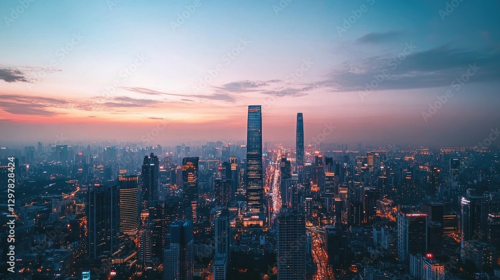Fototapeta premium A panoramic shot of a dense urban skyline at dusk, with tall skyscrapers lit up against the darkening sky and a lively cityscape illuminated below.