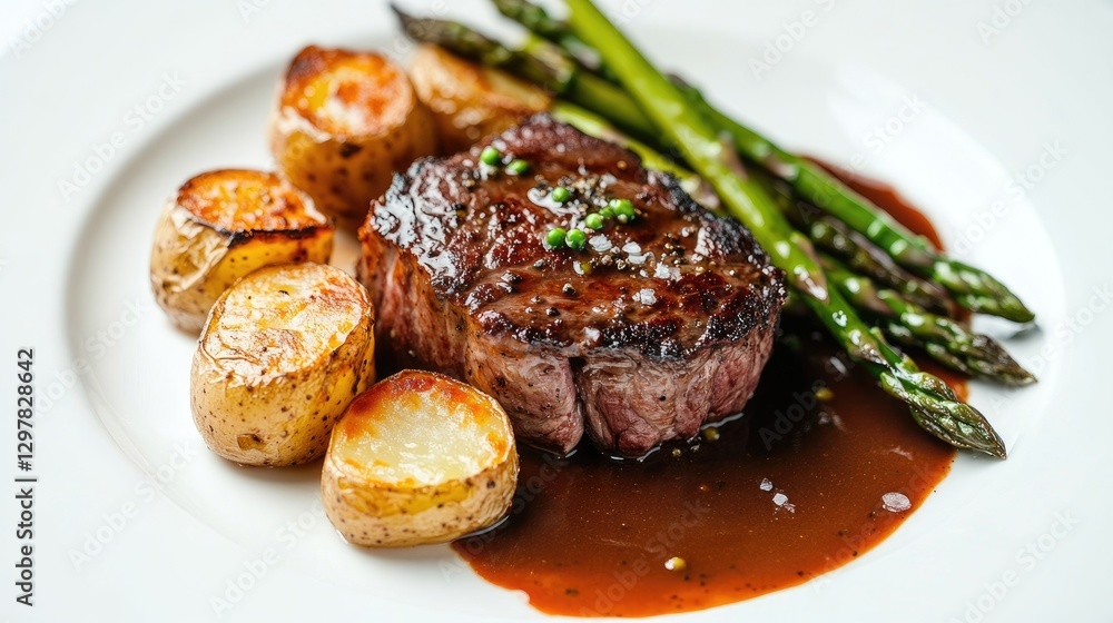 A plate of steak served with a rich peppercorn sauce, accompanied by roasted potatoes and asparagus, arranged on a white background to highlight the dish's details. A plate of steak served with a rich peppercorn sauce, accompanied by roasted potatoes and asparagus, arranged on a white background to highlight the dish's details.