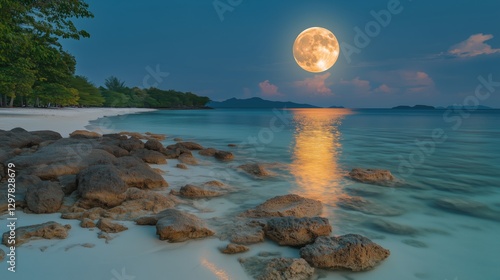 Stunning Twilight View of a Beach Under a Full Moon and Bright Planet Reflect...