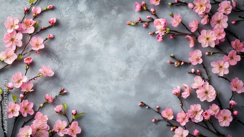 Blossoming Pink Flowers Frame a Textured Grey Background for a Delicate Natur...