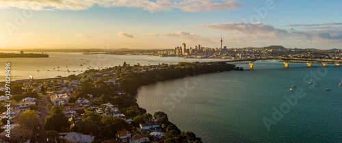 sunset over the Auckland harbour, aerial photo 