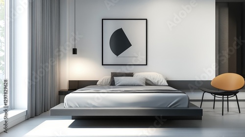 A stylish modern bedroom with a minimalist design, featuring a sleek platform bed, geometric artwork, and a clean, uncluttered space.
