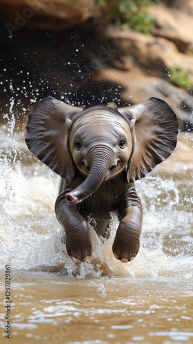 Baby Elephant Splashes Joyfully in Water While Playing During a Sunny Afterno...