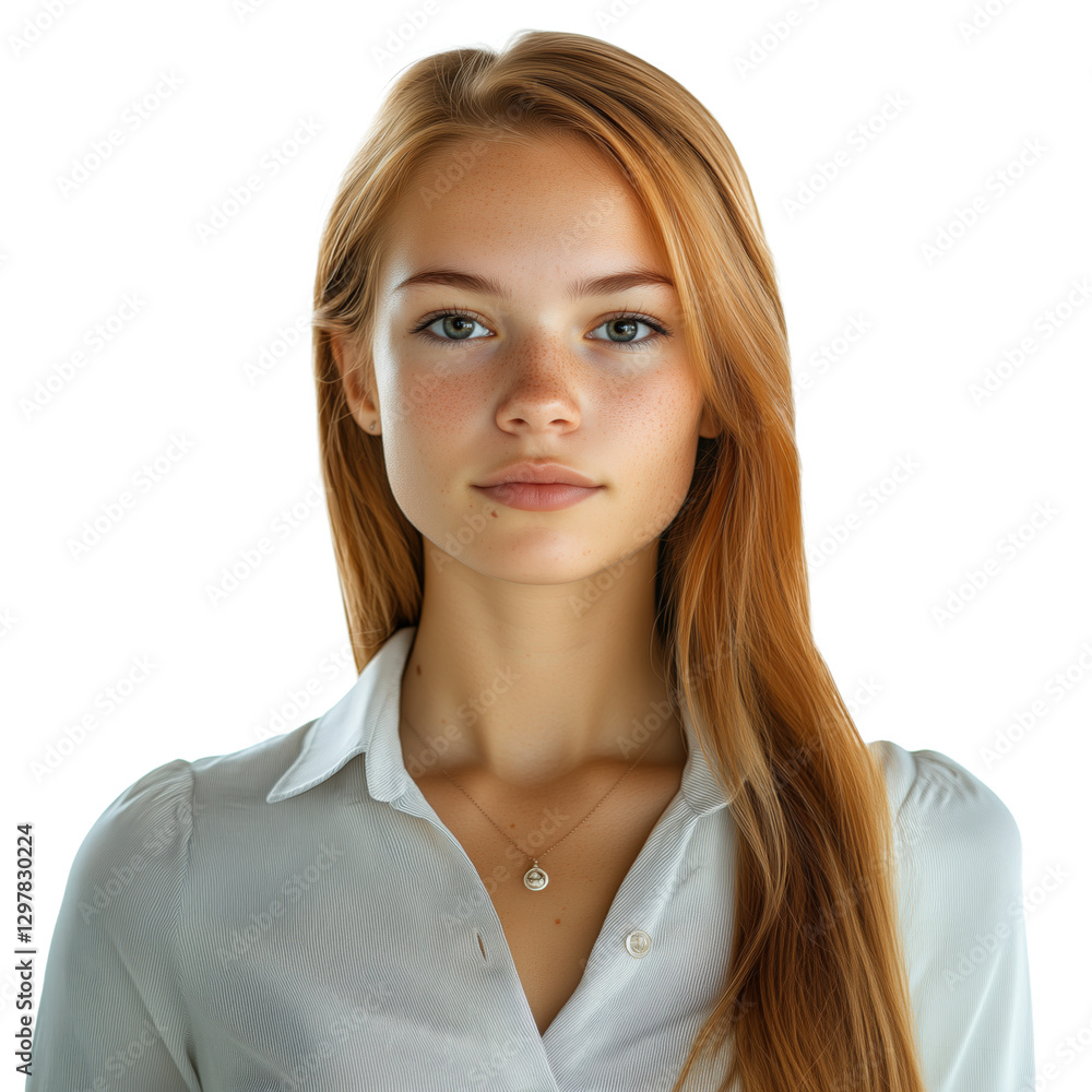 Professional photograph of attractive woman with long, straight ginger hair, wearing business casual attire isolated transparent background. Professional photograph of attractive woman with long, straight ginger hair, wearing business casual attire isolated transparent background.