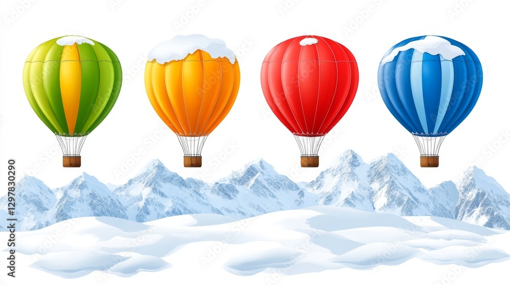 Obraz premium Colorful hot air balloons flying over snowy mountain range winter wonderland adventure holiday travel background aerial journey concept