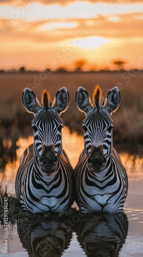 Two Zebras Standing Side by Side in a Serene Environment Surrounded by Autumn...