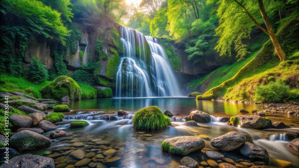 Fototapeta premium Serene Waterfall Cascading into a Mossy, Sunlit Pool in a Lush Green Forest