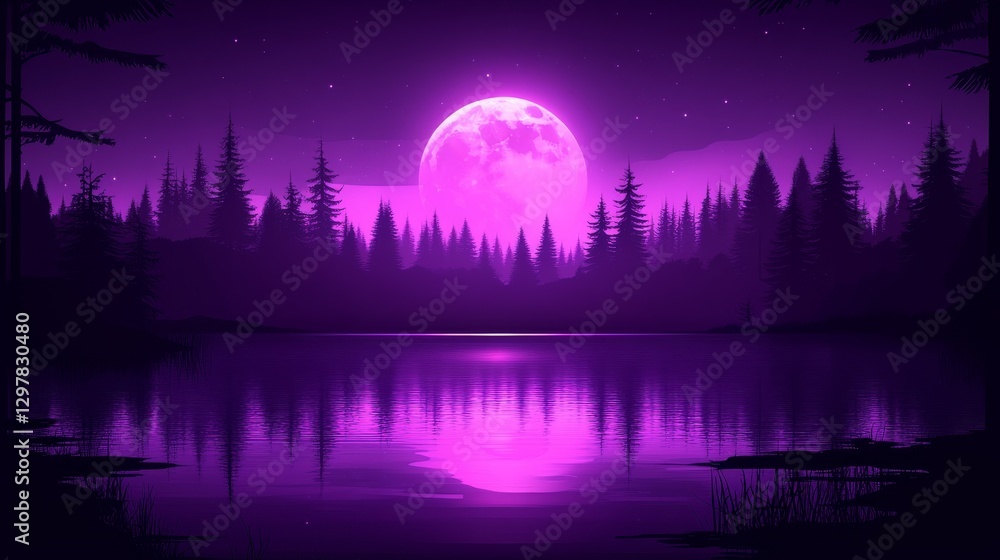 Fototapeta premium Luminous purple moonrise over tranquil waters amidst silhouette forest creating an ethereal dreamscape with captivating reflection