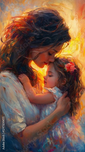 A Woman Holds Her Sleeping Daughter Lovingly, Surrounded by Vibrant Floral Pa...