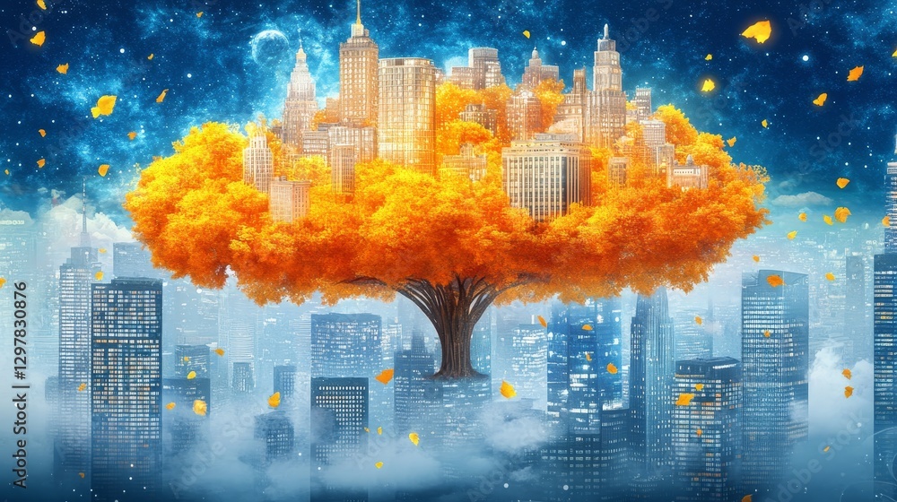Obraz premium Surreal city skyline with central tree glowing with cityscape forming canopy offering nature urbanism blend unique perspective