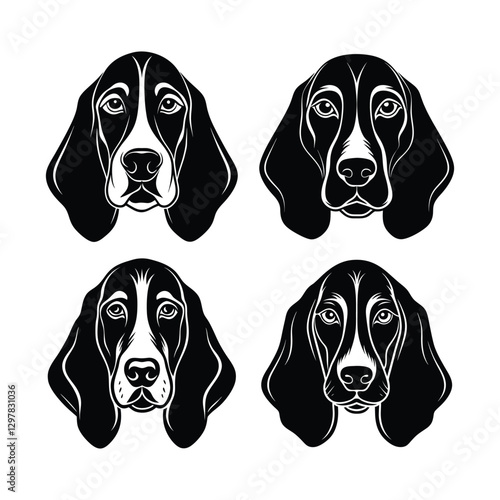 Collection of basset hound dog head illustrations silhouette isolated on white background