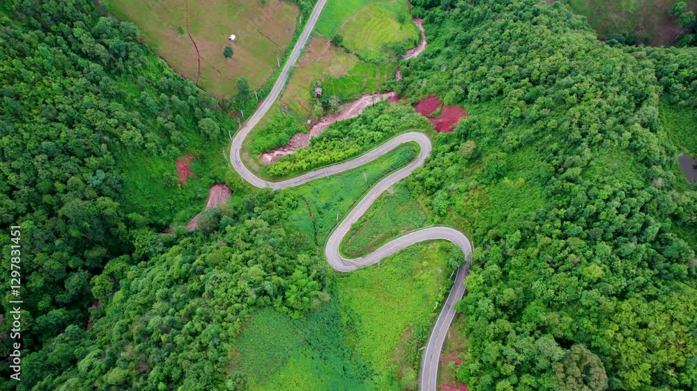 Top view of countryside road passing through the green forrest and mountain Top view of countryside road passing through the green forrest and mountain