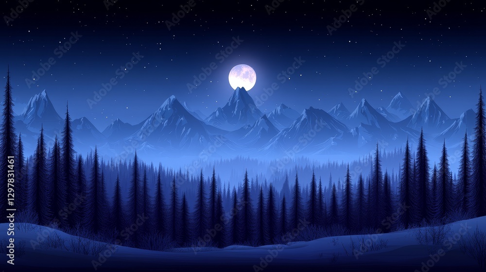 Fototapeta premium Serene nightscape with illuminated moon over mountain peaks and evergreen forest creating a peaceful digital artwork background scene