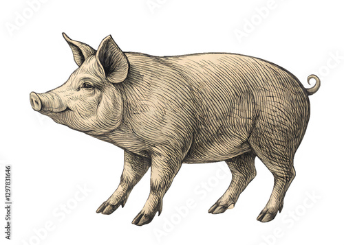 vintage etching drawing of pig isolated on transparent background