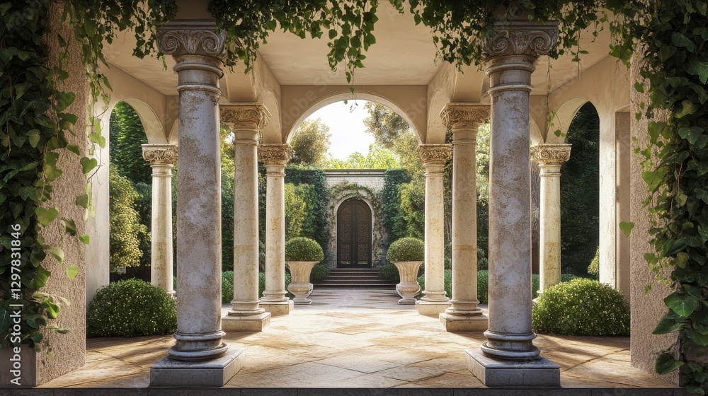 Elegant Greek-style arch pillars adorned with lush ivy vines. These marble columns create an antique Roman aesthetic, framing a classic archway with a beautiful palace aesthetic.