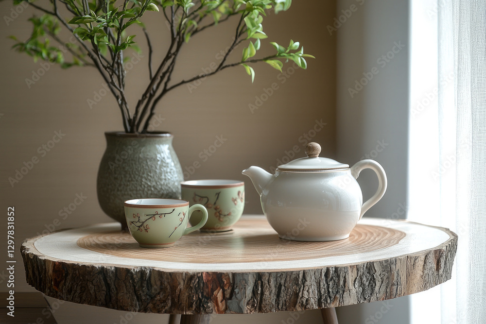 Fototapeta premium serene tea setup featuring white teapot, two cups, and decorative plant on wooden table