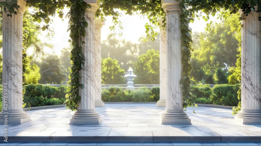 Fototapeta premium Elegant Greek-style arch pillars adorned with lush ivy vines. These marble columns create an antique Roman aesthetic, framing a classic archway with a beautiful palace aesthetic.