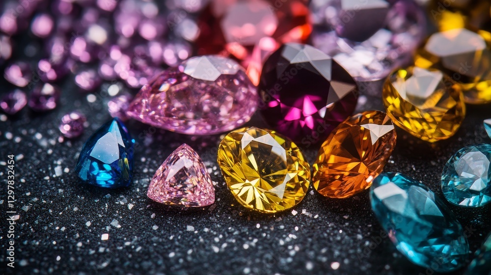 Enjoy this exciting collection of vibrant diamonds and shiny crystals with diverse shapes, colors and sizes. These gemstones emanate captivating brilliance, reflecting light in myriad hues.