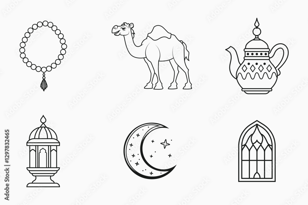 Fototapeta premium Islamic festival and traditional outline elements set in isolated flat line art vector illustration for ramadan and eid