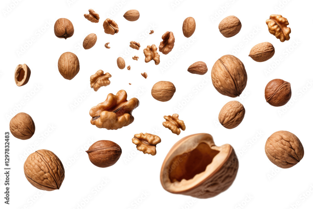 falling walnuts on white background falling walnuts on white background