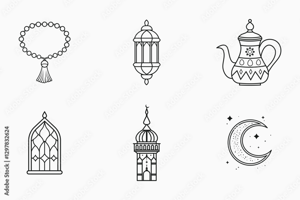 Fototapeta premium Islamic festival and traditional outline elements set in isolated flat line art vector illustration for ramadan and eid