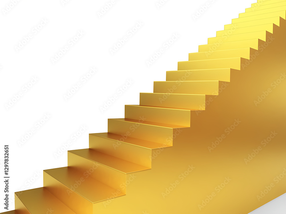 Obraz premium side view of golden staircase up to sky isolated on white, representing steps to achievement, success and victory, 300dpi, 3d illustration, empty copy space