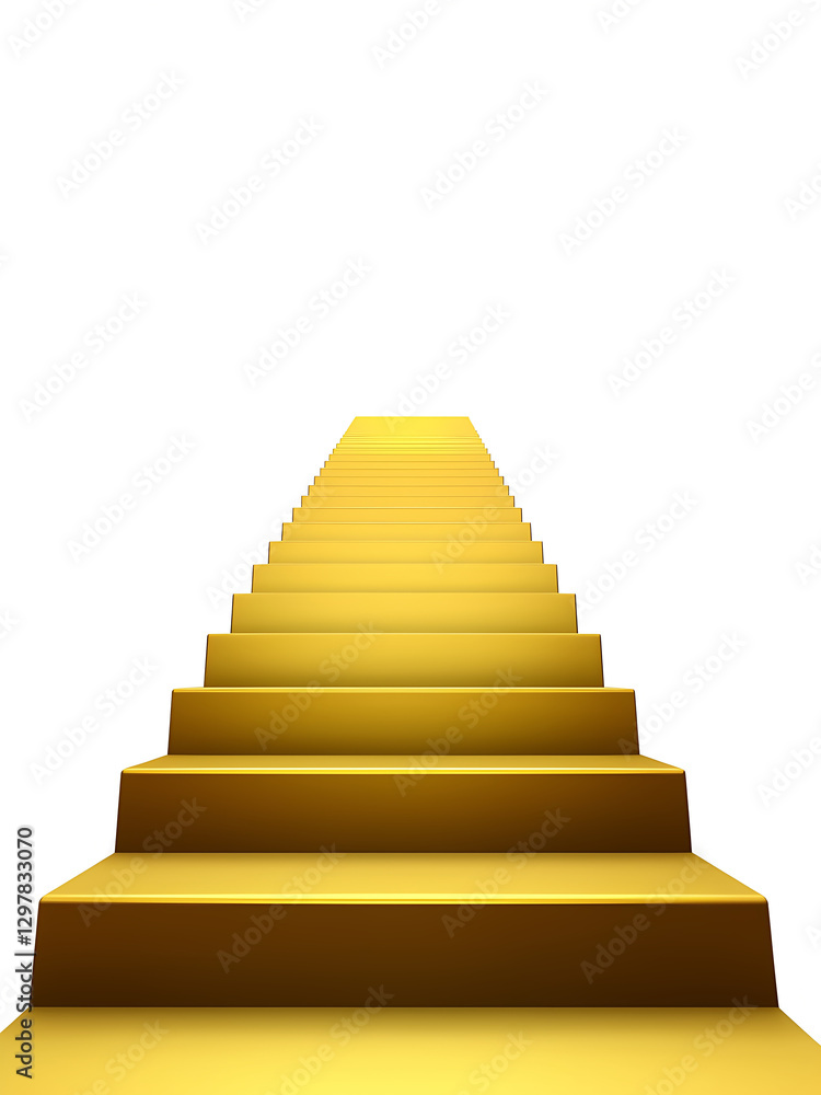 golden staircase extends to sky isolated on white, representing steps to achievement, success and victory, 300dpi, 3d illustration golden staircase extends to sky isolated on white, representing steps to achievement, success and victory, 300dpi, 3d illustration