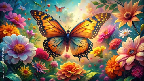 Vibrant butterfly amidst a breathtaking bloom of colorful flowers in a sun-drenched garden