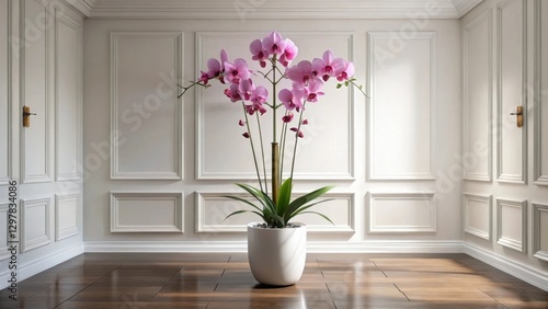 Elegant Pink Orchid in a Modern White Planter Against Classic White Walls