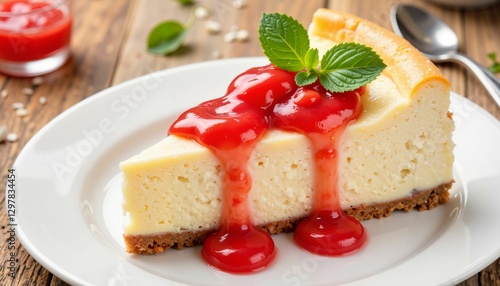 Creamy cheesecake slice topped with strawberry sauce