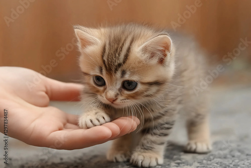 Human hand gently stroking a tiny cute kitten's head, showing tenderness and affection in a heartwarming animal interaction