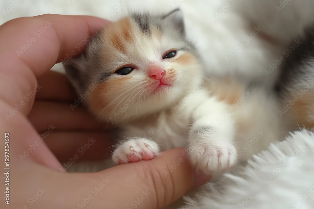 Human hand gently stroking a tiny cute kitten's head, showing tenderness and affection in a heartwarming animal interaction Human hand gently stroking a tiny cute kitten's head, showing tenderness and affection in a heartwarming animal interaction