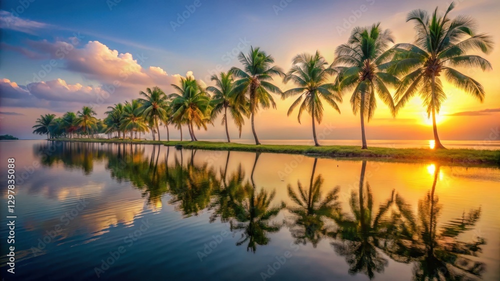 Serene Sunset Panorama Palm Trees Mirrored in Calm Waters Reflecting Golden Hour Light Serene Sunset Panorama Palm Trees Mirrored in Calm Waters Reflecting Golden Hour Light