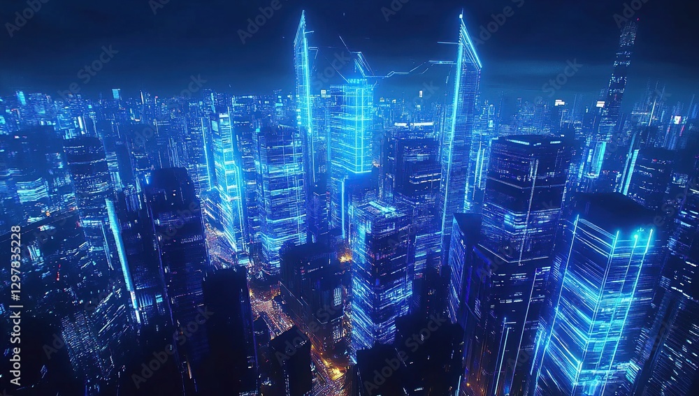 Fototapeta premium Futuristic City Nightscape Glowing Blue Lights