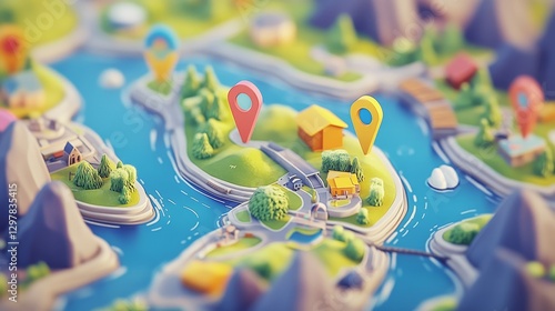 Interactive 3D map with pin markers, search bar, and pointer. GPS and navigation tools. Perfect for apps and social media.