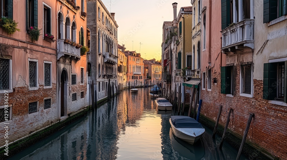 Quiet Venetian canal with classic buildings on both sides. No boats or people are visible. Quiet Venetian canal with classic buildings on both sides. No boats or people are visible.