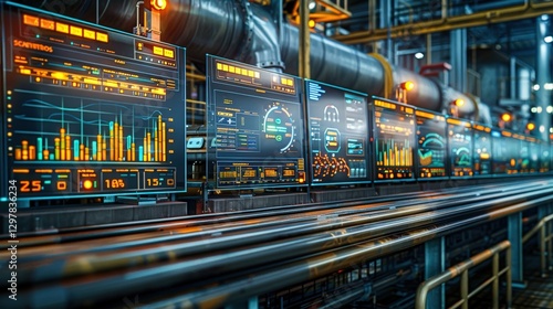Futuristic industrial control room with multiple large screens displaying real-time data, graphs, and system monitoring.  High-tech manufacturing facility.