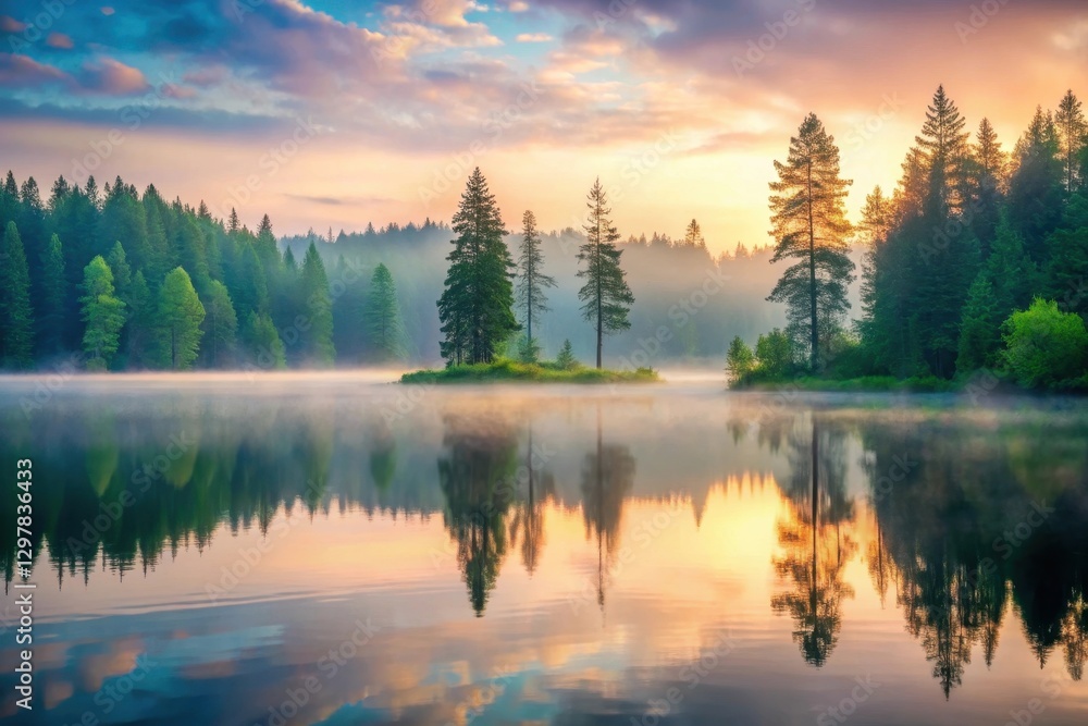 Serene Sunrise Over Misty Lake and Island with Pine Trees Reflecting in Calm Water Serene Sunrise Over Misty Lake and Island with Pine Trees Reflecting in Calm Water