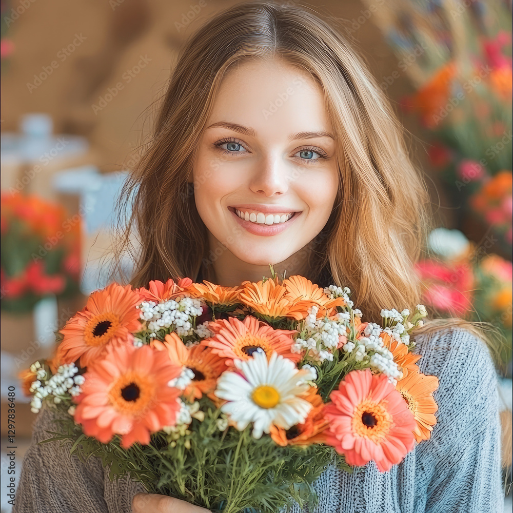 Fototapeta premium Happy woman with flowers, smiling brightly in floral setting