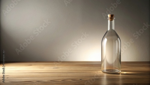 Wallpaper Mural Empty glass bottle with cork on wooden surface against a neutral background Torontodigital.ca