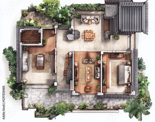 Asian-style house floor plan with garden view