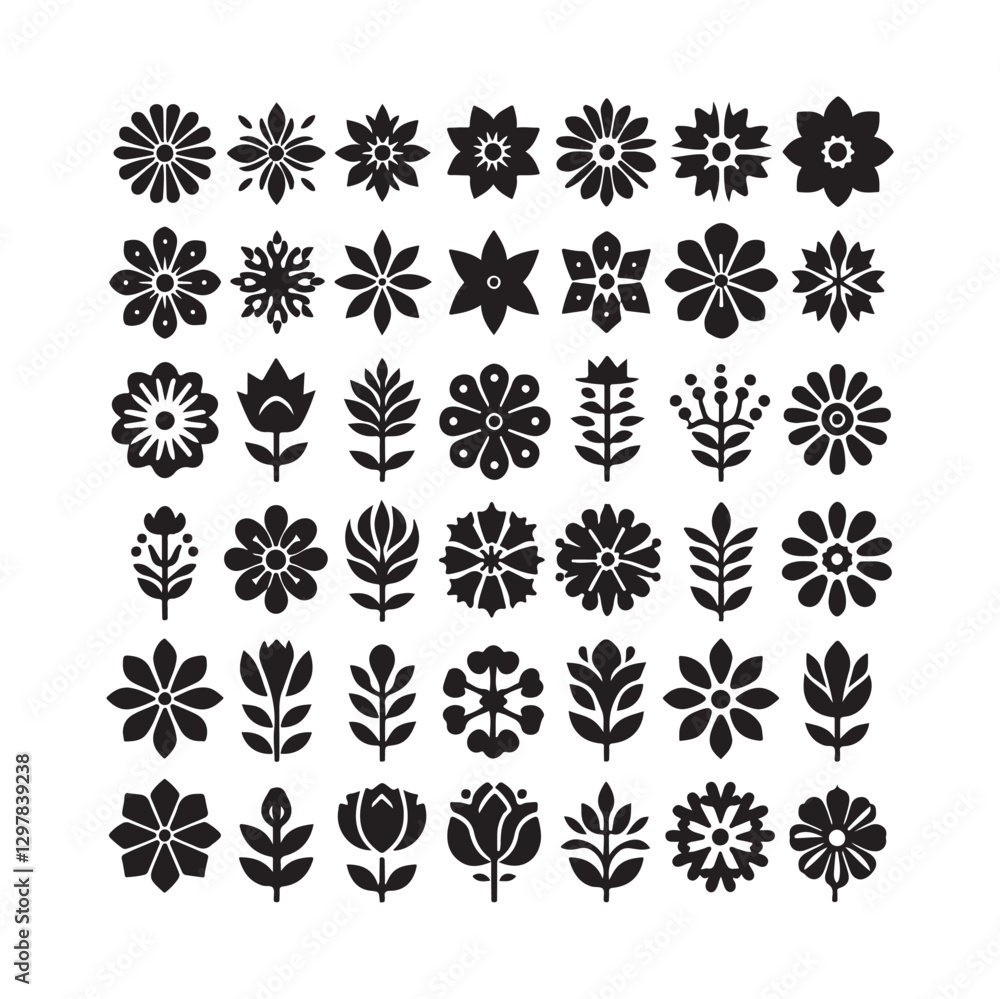 Black flower vector set feature abstract floral design silhouettes, and geometric patterns Black flower vector set feature abstract floral design silhouettes, and geometric patterns