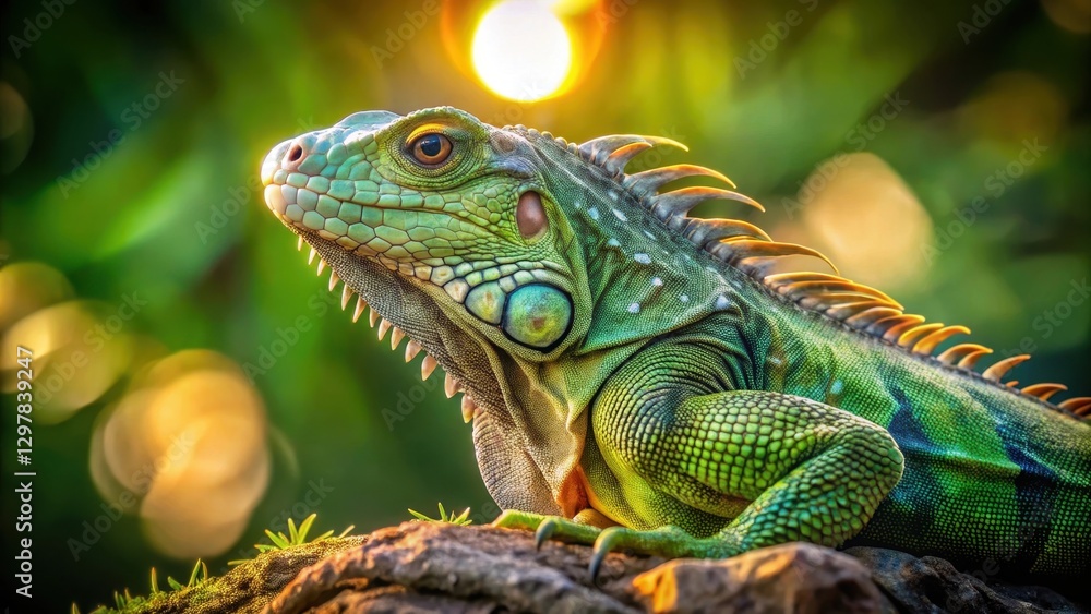 A Vibrant Green Iguana Basking in the Golden Hour Sunlight on a Mossy Rock A Vibrant Green Iguana Basking in the Golden Hour Sunlight on a Mossy Rock