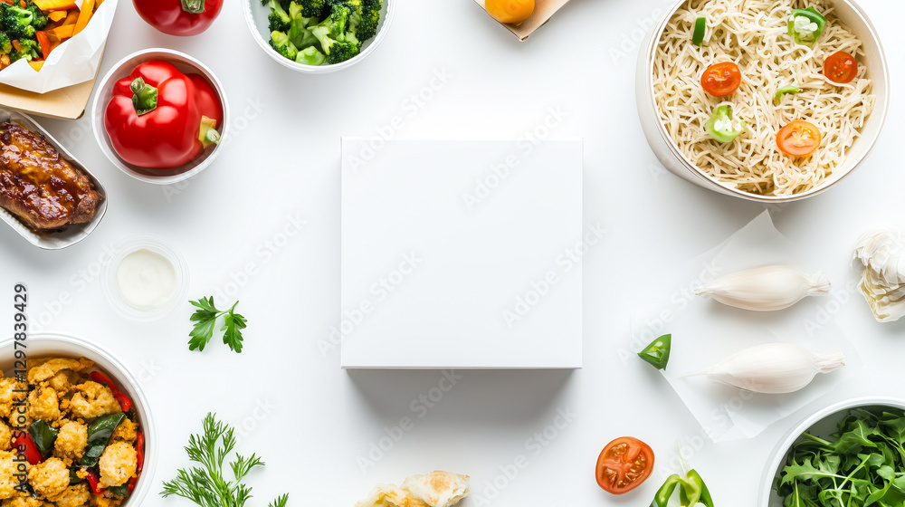 White Takeout Box Mockup Surrounded by Fresh Ingredients White Takeout Box Mockup Surrounded by Fresh Ingredients