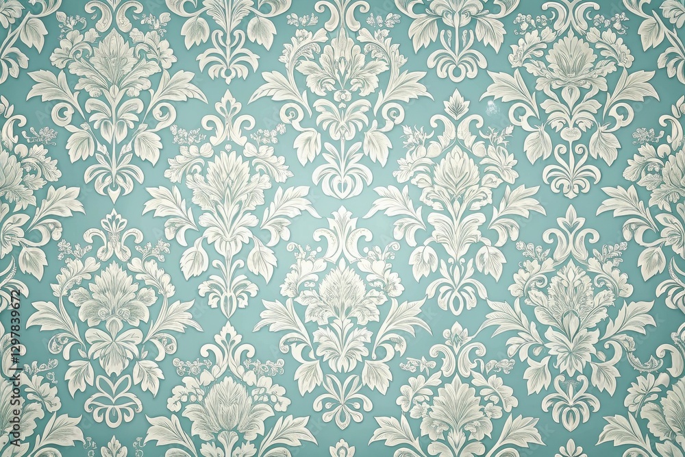Elegant Antique-Style Floral Damask Pattern with Light Teal Background, Ideal for Interior Design Projects and Decorative Applications Elegant Antique-Style Floral Damask Pattern with Light Teal Background, Ideal for Interior Design Projects and Decorative Applications